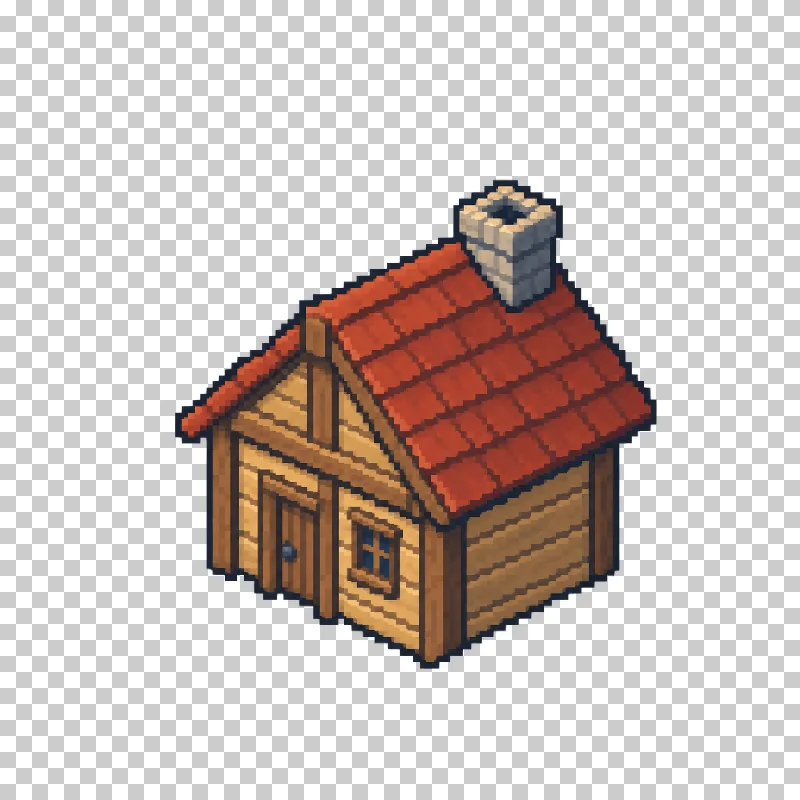 A solitary wooden cabin with a pitched roof in pixel art.