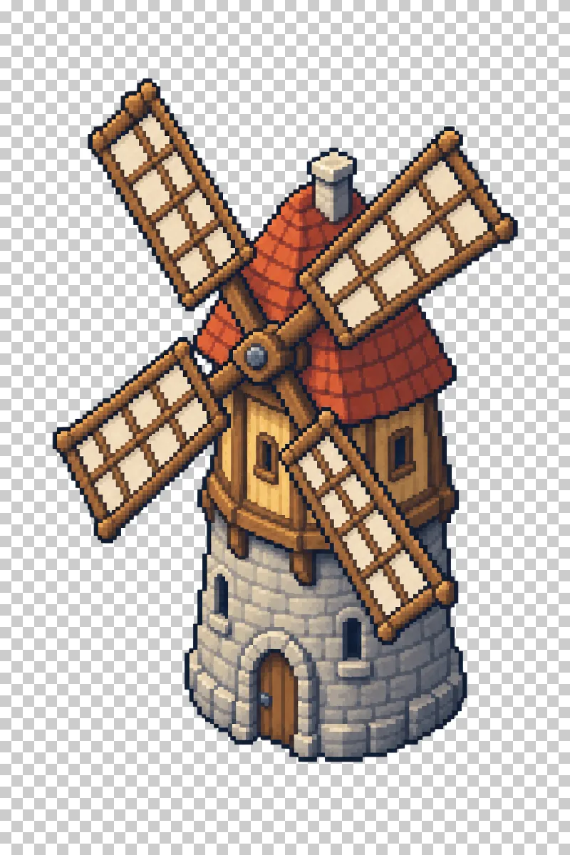 A tall windmill with wooden sails in pixel art.