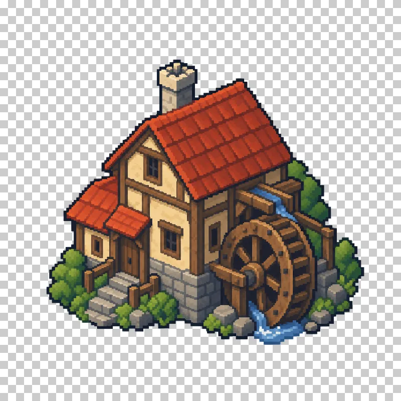 A small watermill with a wooden water wheel in pixel art.