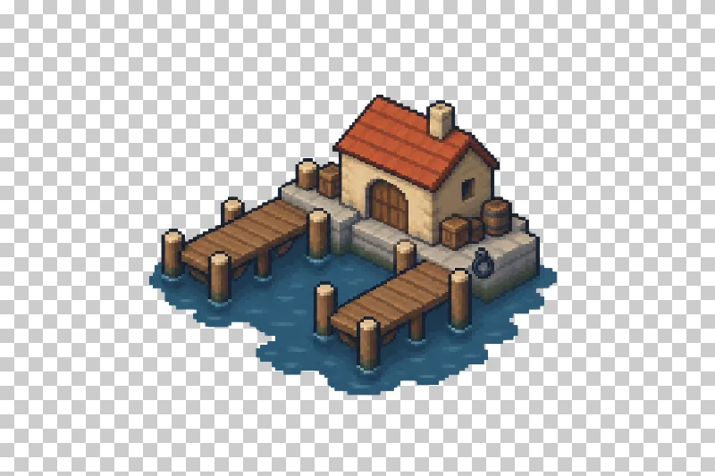 A small harbor with wooden piers in pixel art.