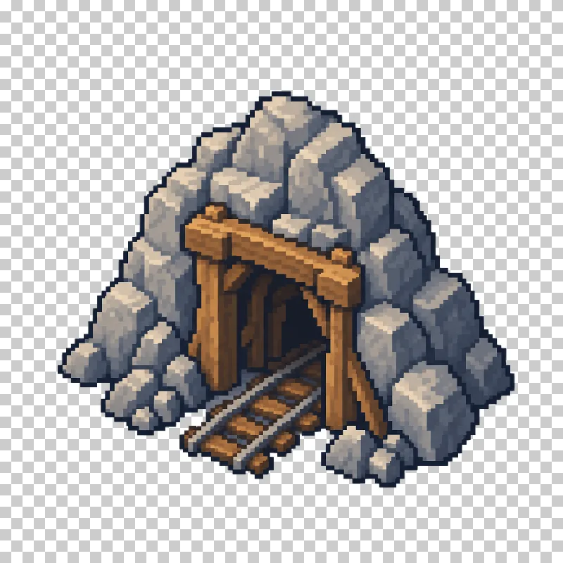 A mine entrance framed by timber within gray rock in pixel art.