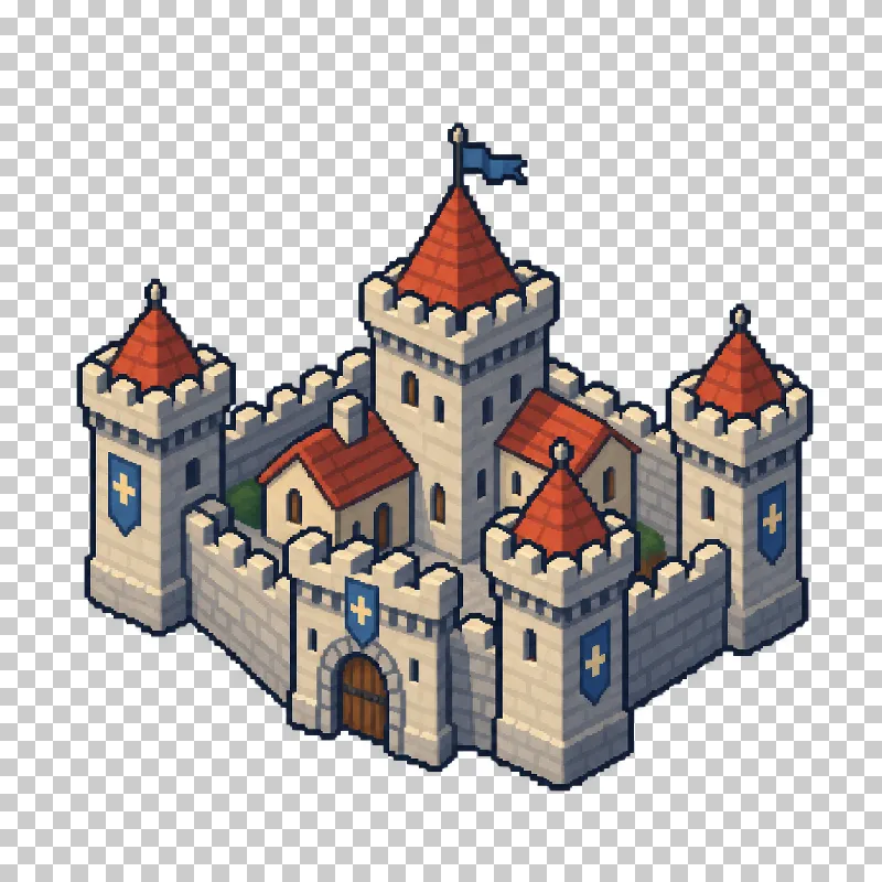 A compact stone castle with towers and brick-red roofs in pixel art.