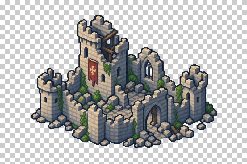 Broken stone castle walls and ruined towers in pixel art.
