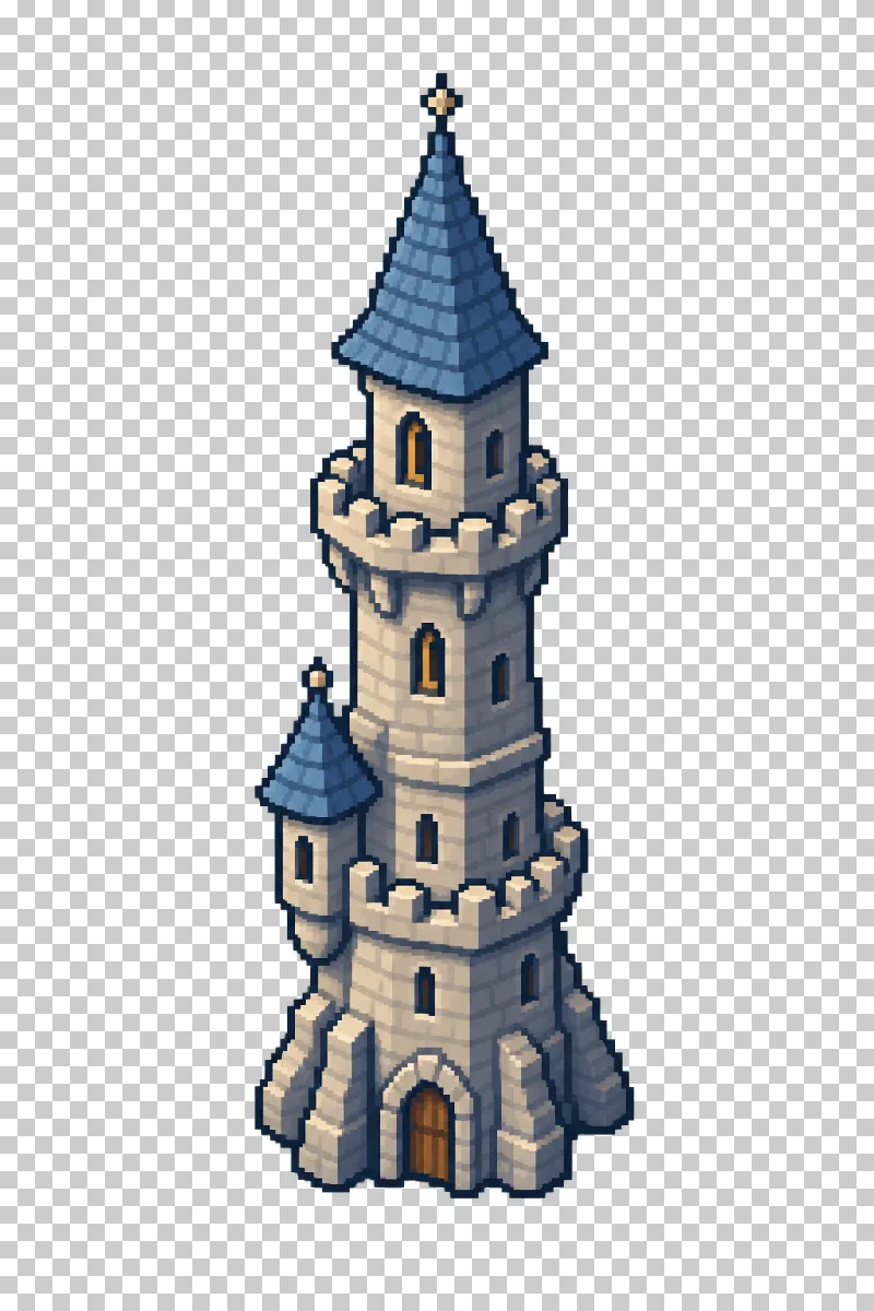A tall wizard tower with a pointed roof in pixel art.