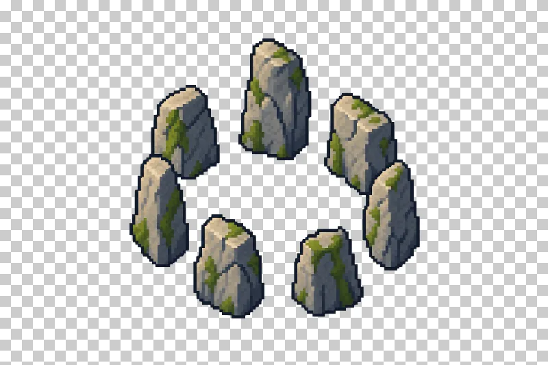 A circle of freestanding gray standing stones in pixel art.