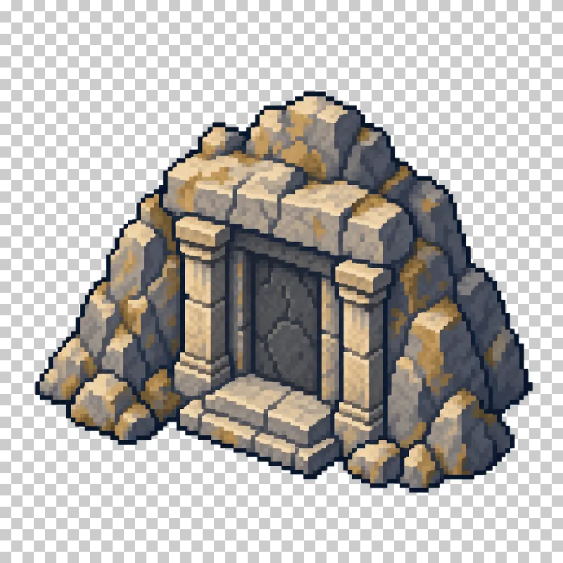 A dark tomb entrance within a stone structure in pixel art.