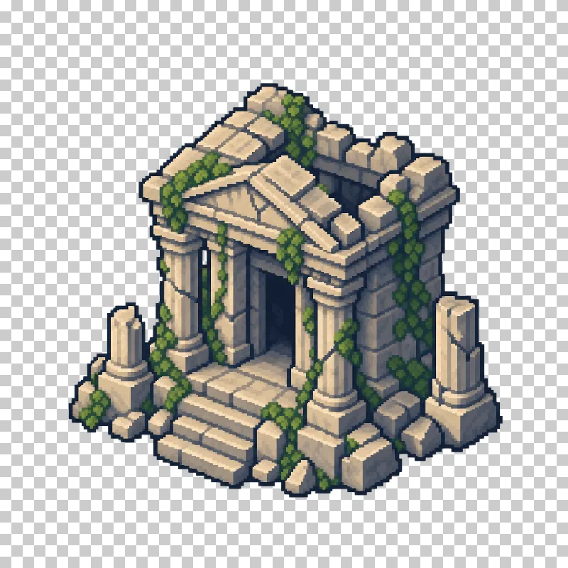 An abandoned stone temple with weathered masonry in pixel art.