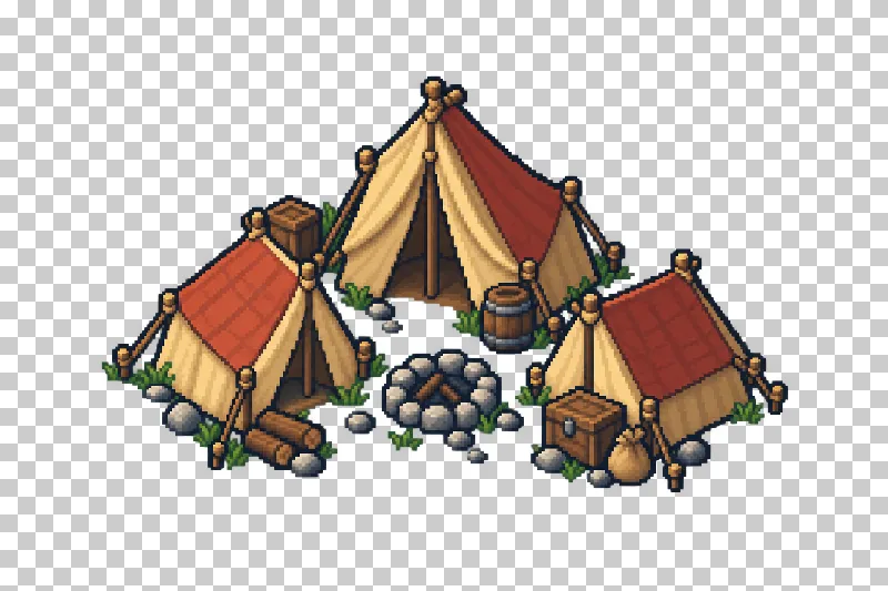 A small camp of pitched tents in pixel art.