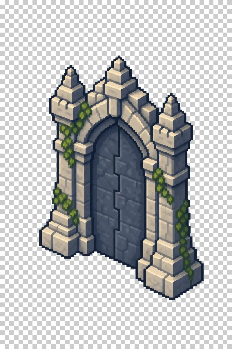 A closed portal within a freestanding stone frame in pixel art.