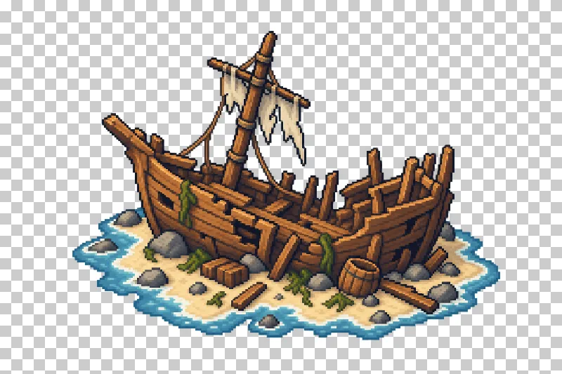 A wooden shipwreck resting on a small irregular sandbar in pixel art.