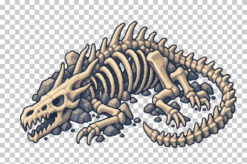 A large fantasy creature skeleton with a skull, ribs and a long spine in pixel art.