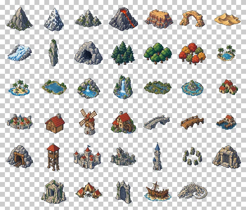 Pixel World Map Landmarks PNG Collection: all 40 elements in one grid