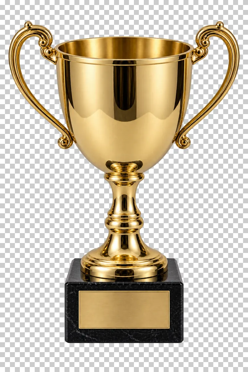 A classic gold-plated trophy cup with two matching handles, a black stone base and a blank plaque.