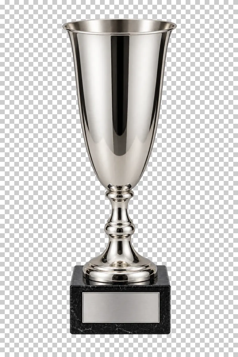 A tall slender silver-plated trophy cup without handles on a black stone base.