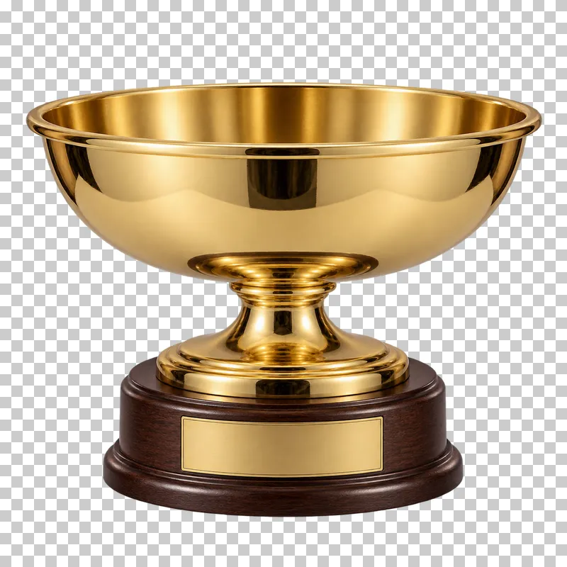 A wide polished bronze trophy bowl on a short stem and a dark wooden base.