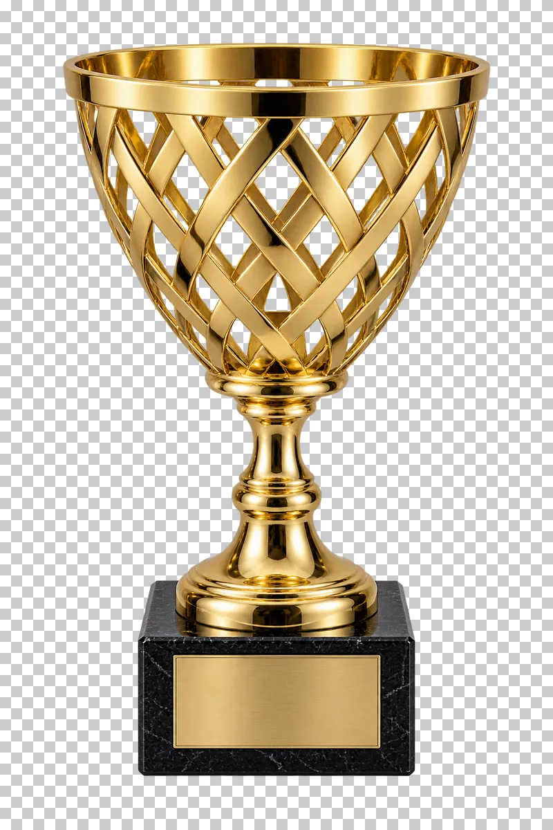 A gold-plated trophy cup with an openwork lattice body and a black stone base.