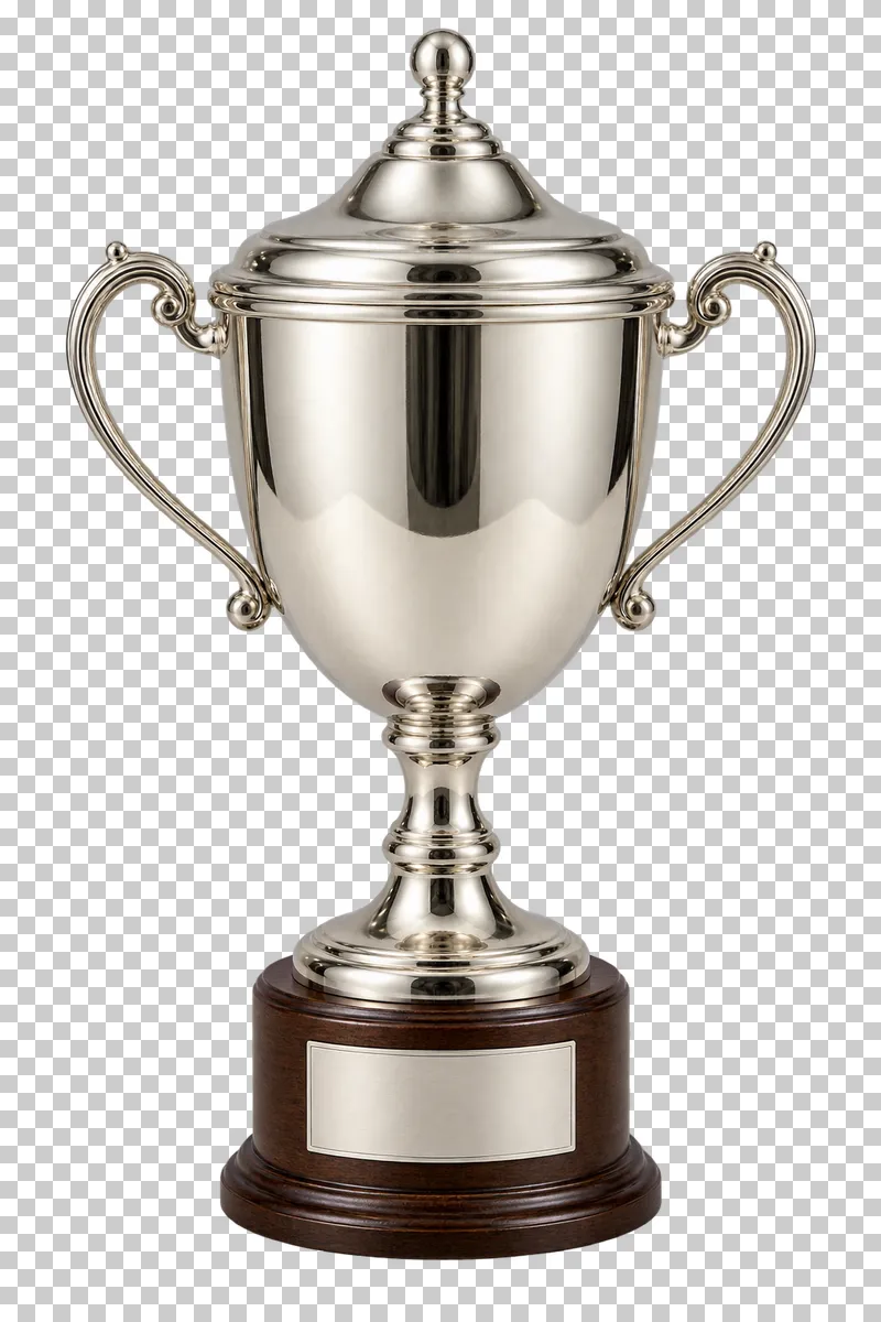 A silver-plated trophy cup with a fitted lid and a dark wooden base.