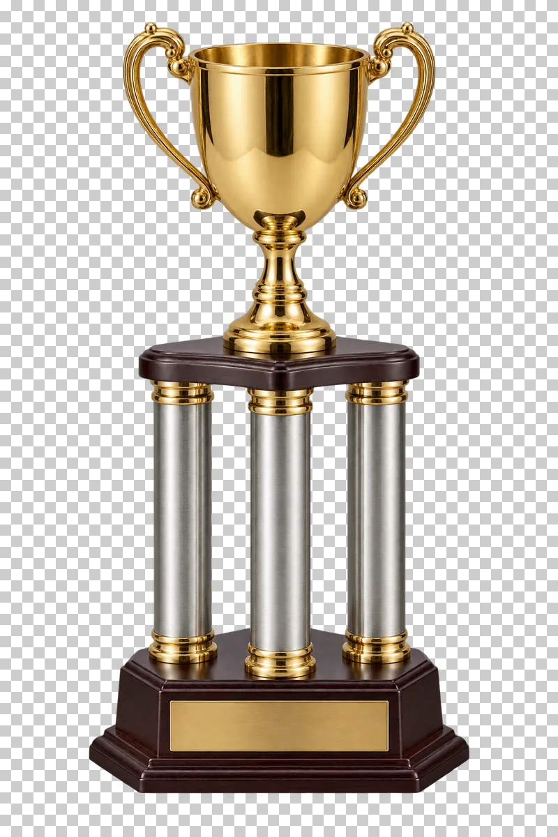 A gold-plated trophy cup supported by three silver columns on a dark wooden base.