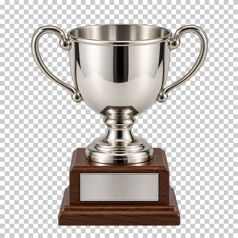 A small silver-plated trophy cup on a walnut base with a blank plaque.