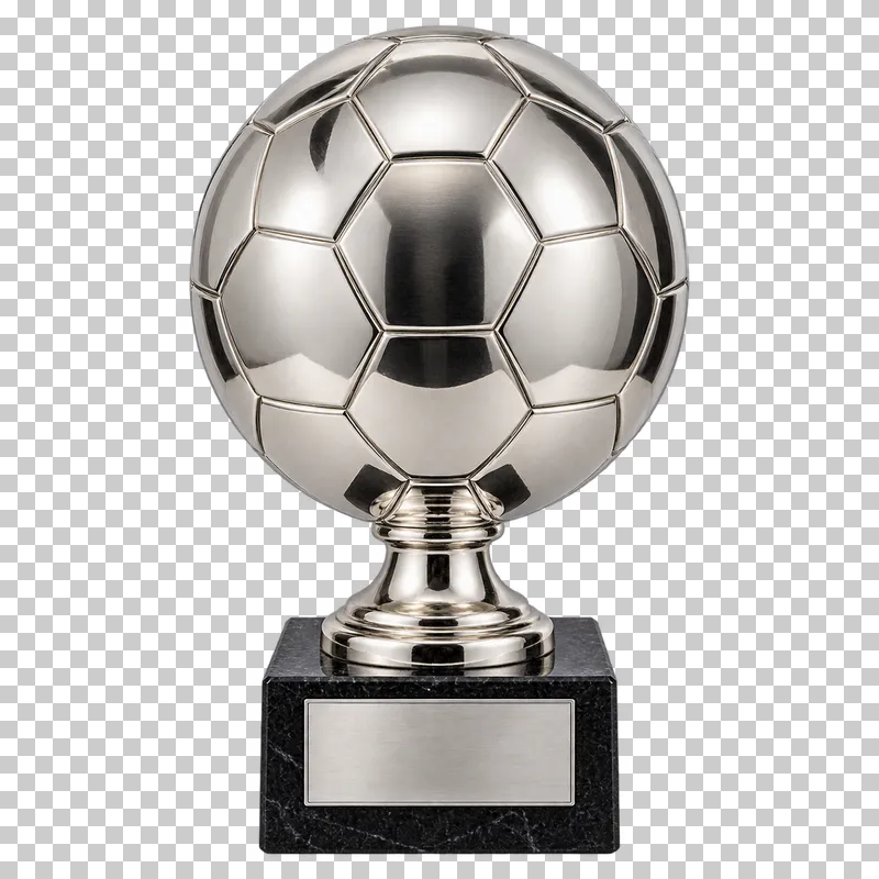 A silver-plated soccer ball trophy with engraved panel seams on a black stone plinth.