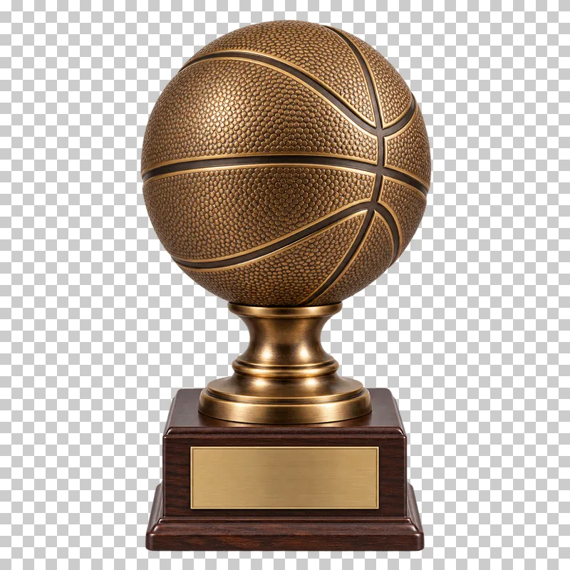 A bronze basketball trophy with a pebbled surface on a dark wooden plinth.