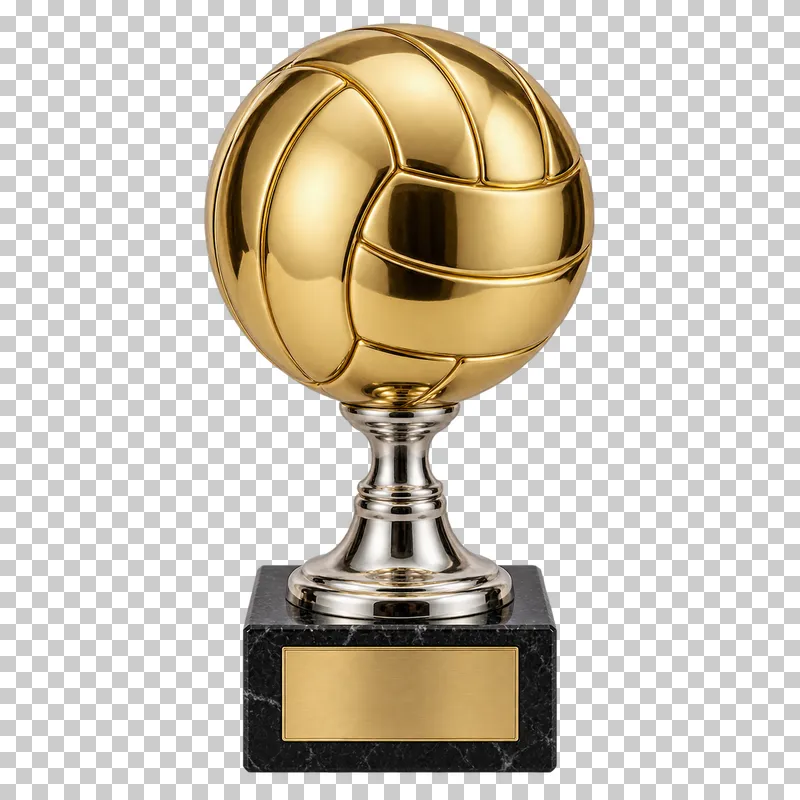 A gold-plated volleyball trophy with curved panel seams on a silver stem and black stone base.