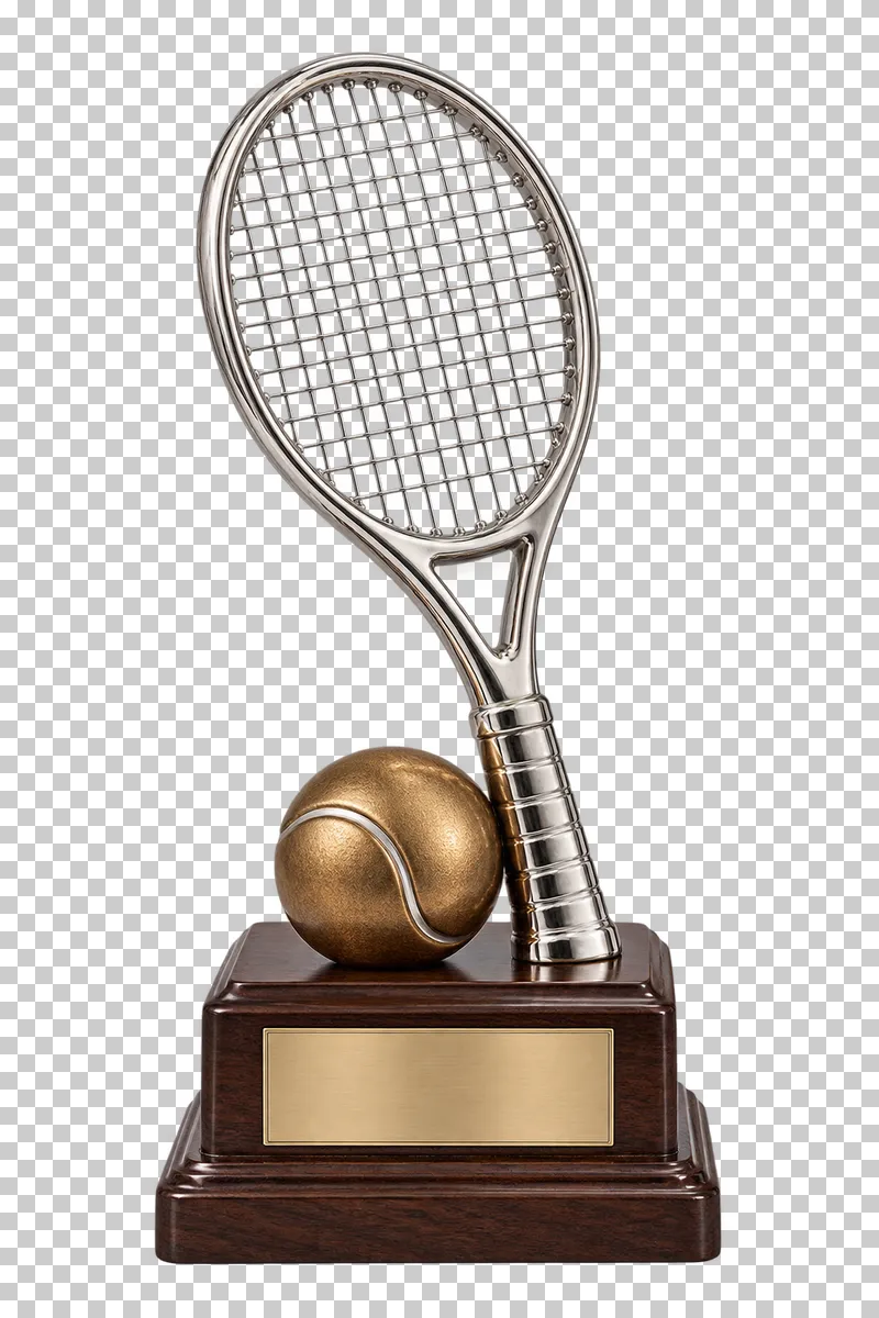 A silver-plated tennis racket and bronze ball trophy on a dark wooden base.