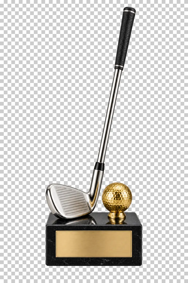 A silver-plated golf iron and gold-plated dimpled ball trophy on a black stone base.