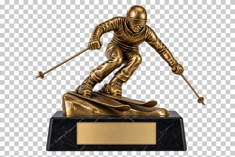 A bronze skier figurine with skis and poles connected to a black stone base.