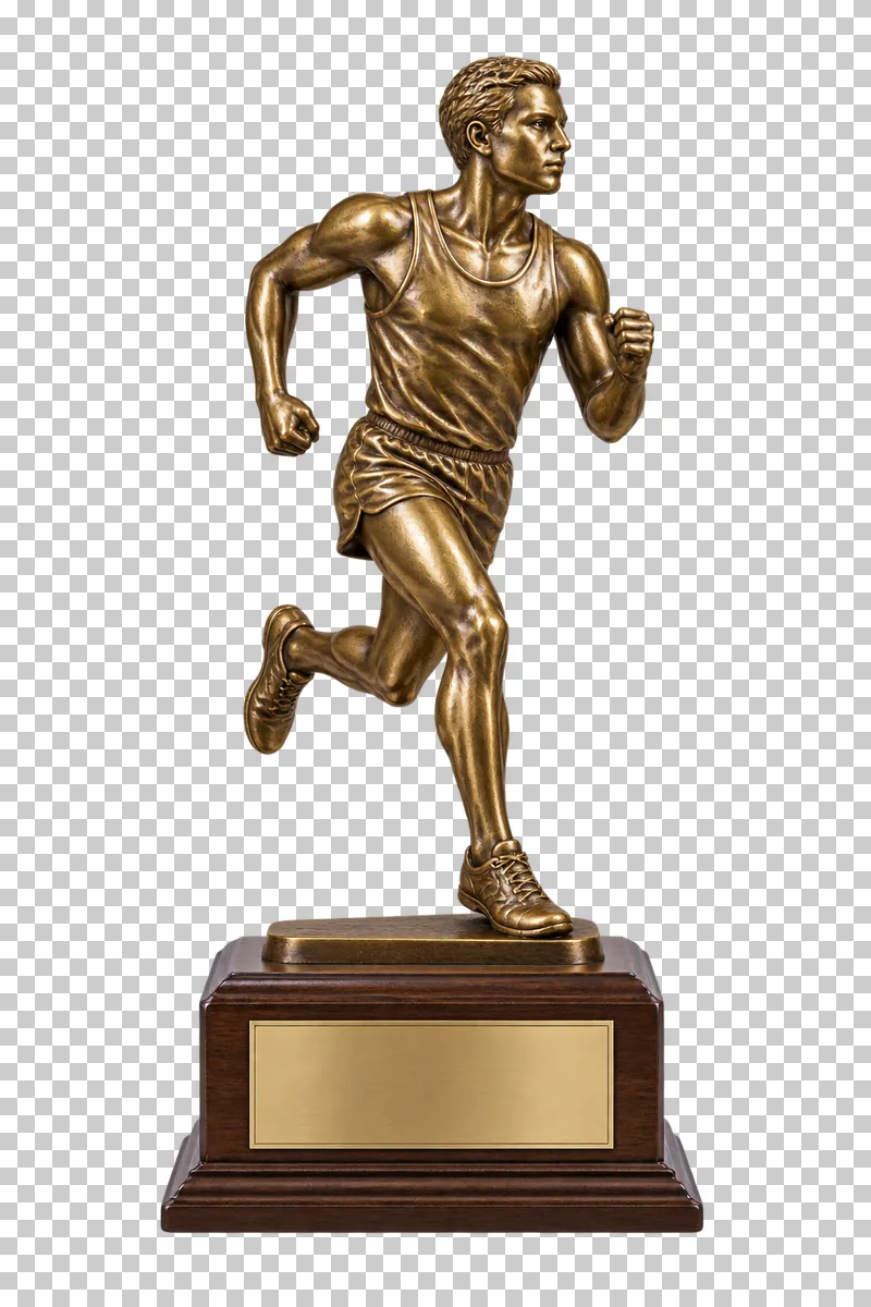 A bronze runner figurine in a running pose on a dark wooden base.