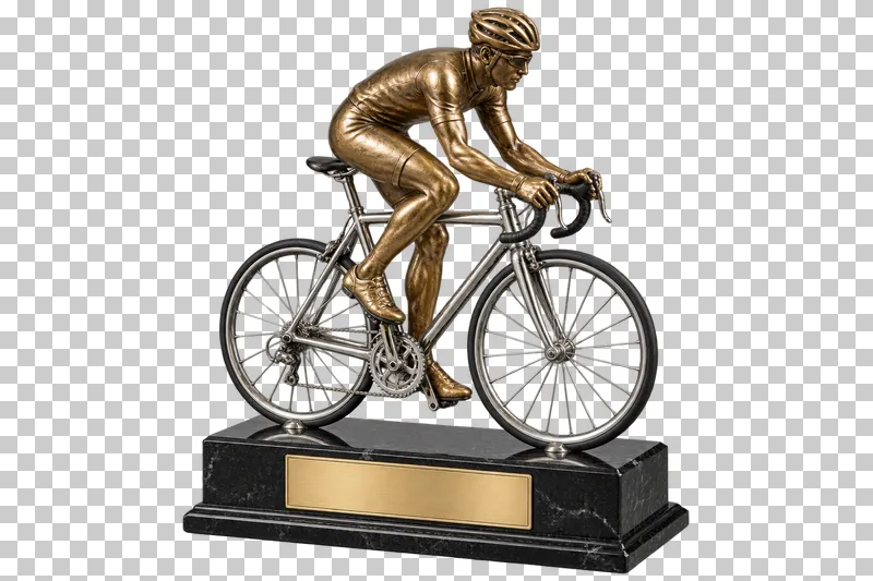 A bronze cyclist figurine on a silver bicycle connected to a black stone base.