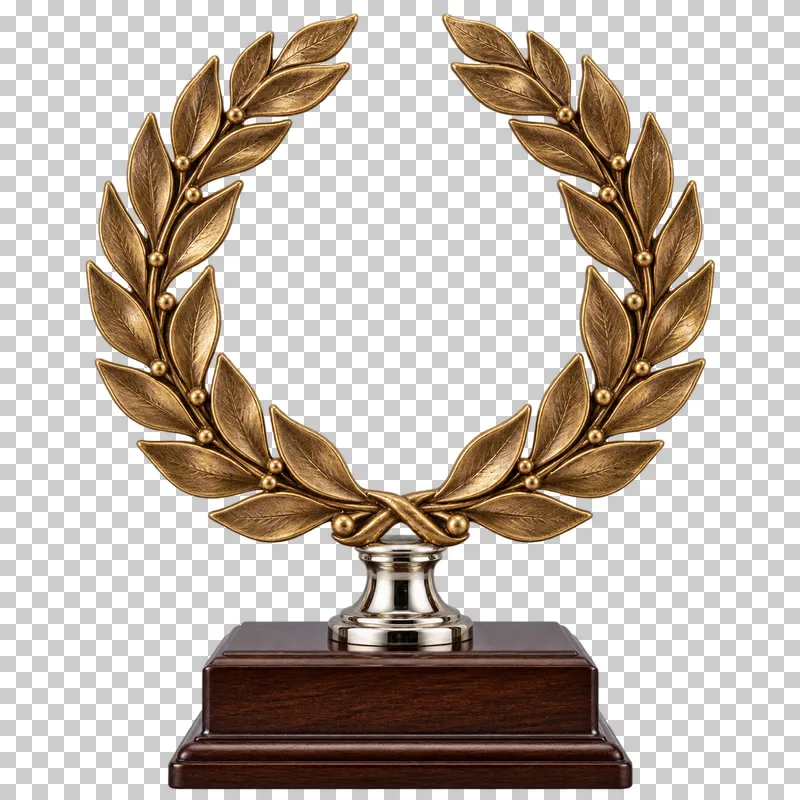A bronze laurel wreath award with a silver stem on a dark wooden plinth.