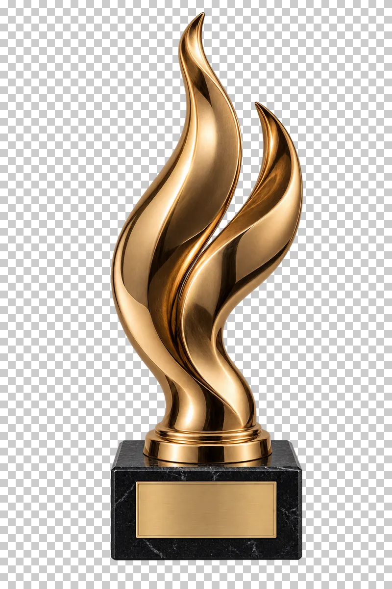 A polished bronze abstract flame award on a black stone base.