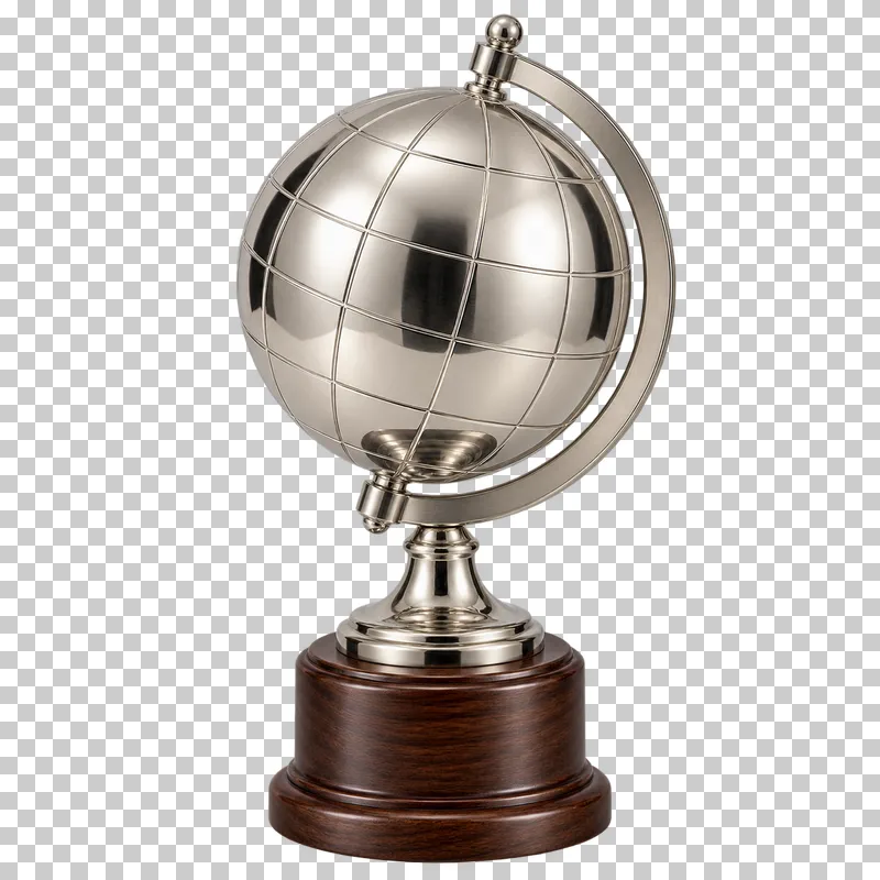 A silver-plated globe award with longitude and latitude lines on a dark wooden base.