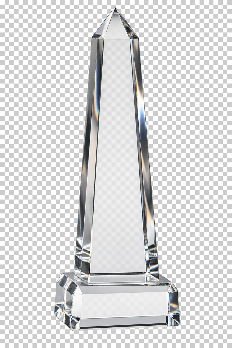 A clear beveled glass obelisk award with a thick integral glass base.