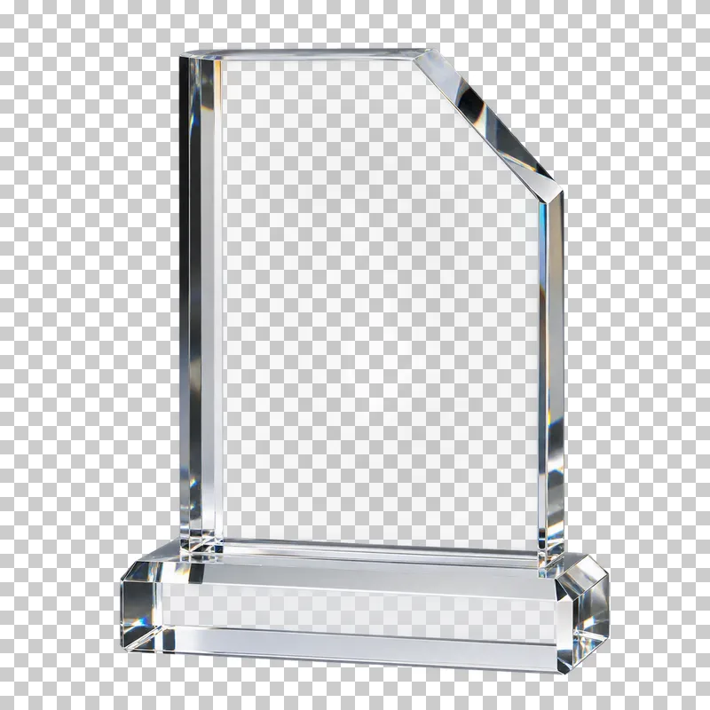 A clear crystal block award with a clipped upper corner and a thick crystal foot.