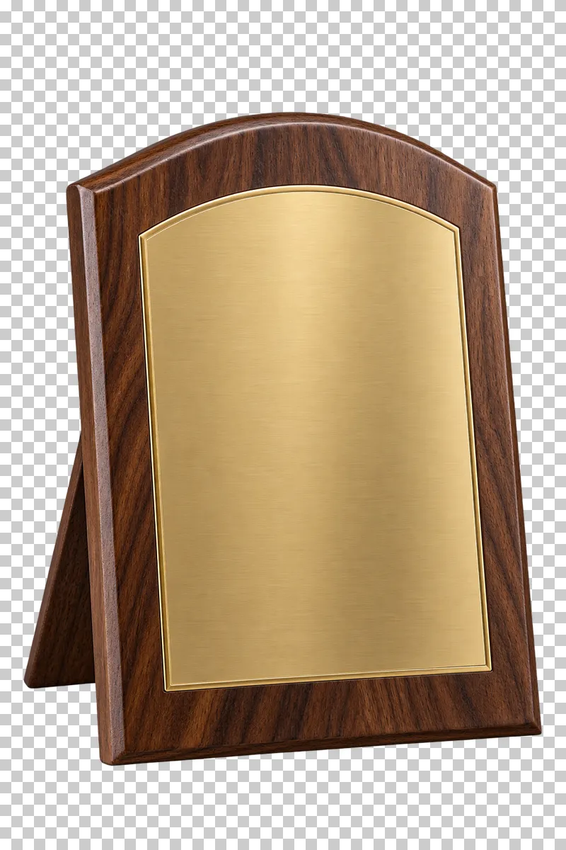 A standing walnut plaque with a blank inset brass plate.