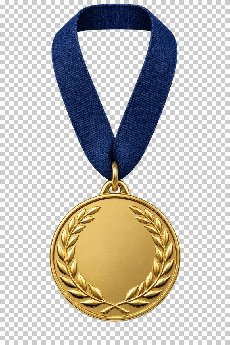 A round gold-plated medal with laurel relief suspended from a complete navy woven ribbon.
