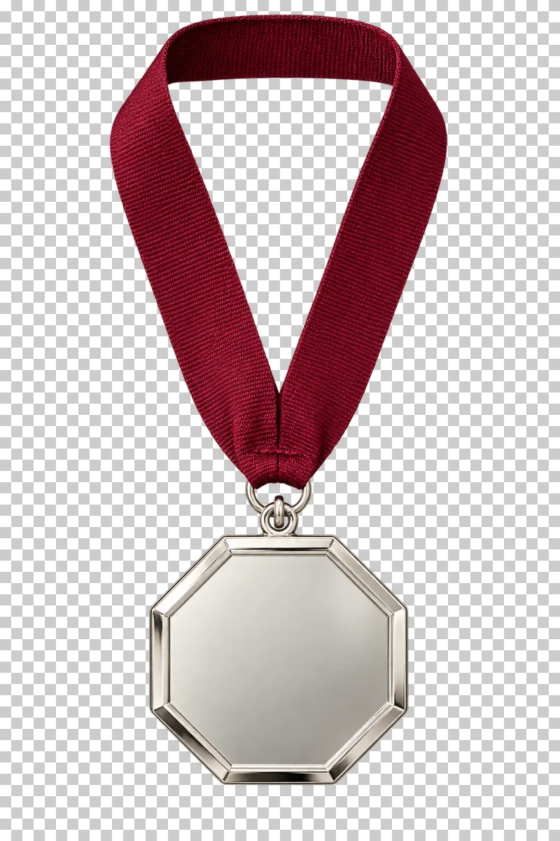 An octagonal silver-plated medal suspended from a complete burgundy woven ribbon.