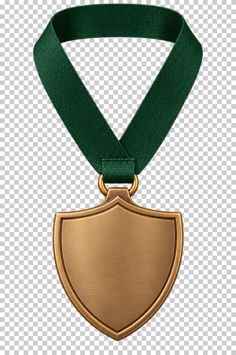 A bronze shield-shaped medal suspended from a complete forest-green woven ribbon.