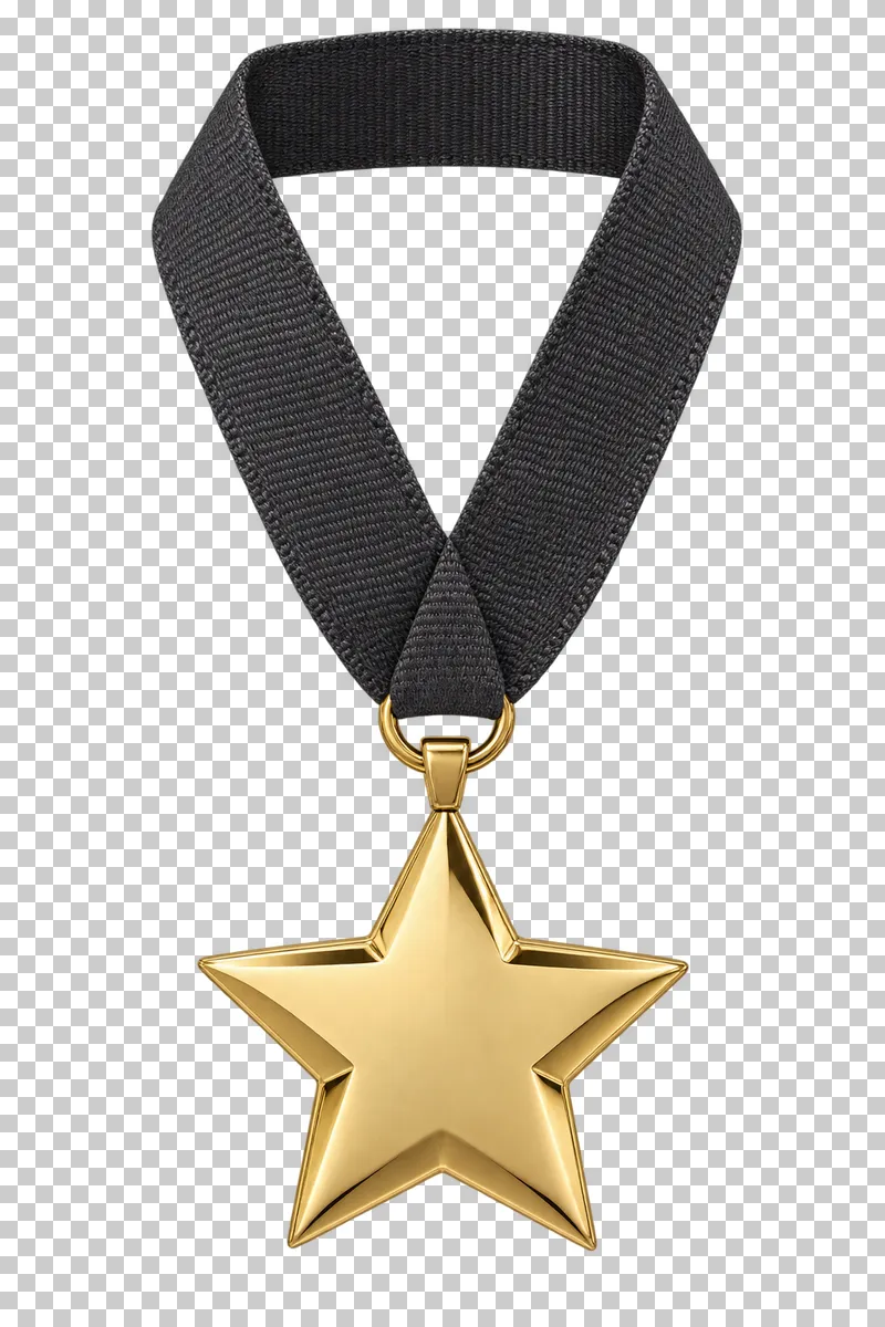 A gold-plated star-shaped medal suspended from a complete charcoal woven ribbon.