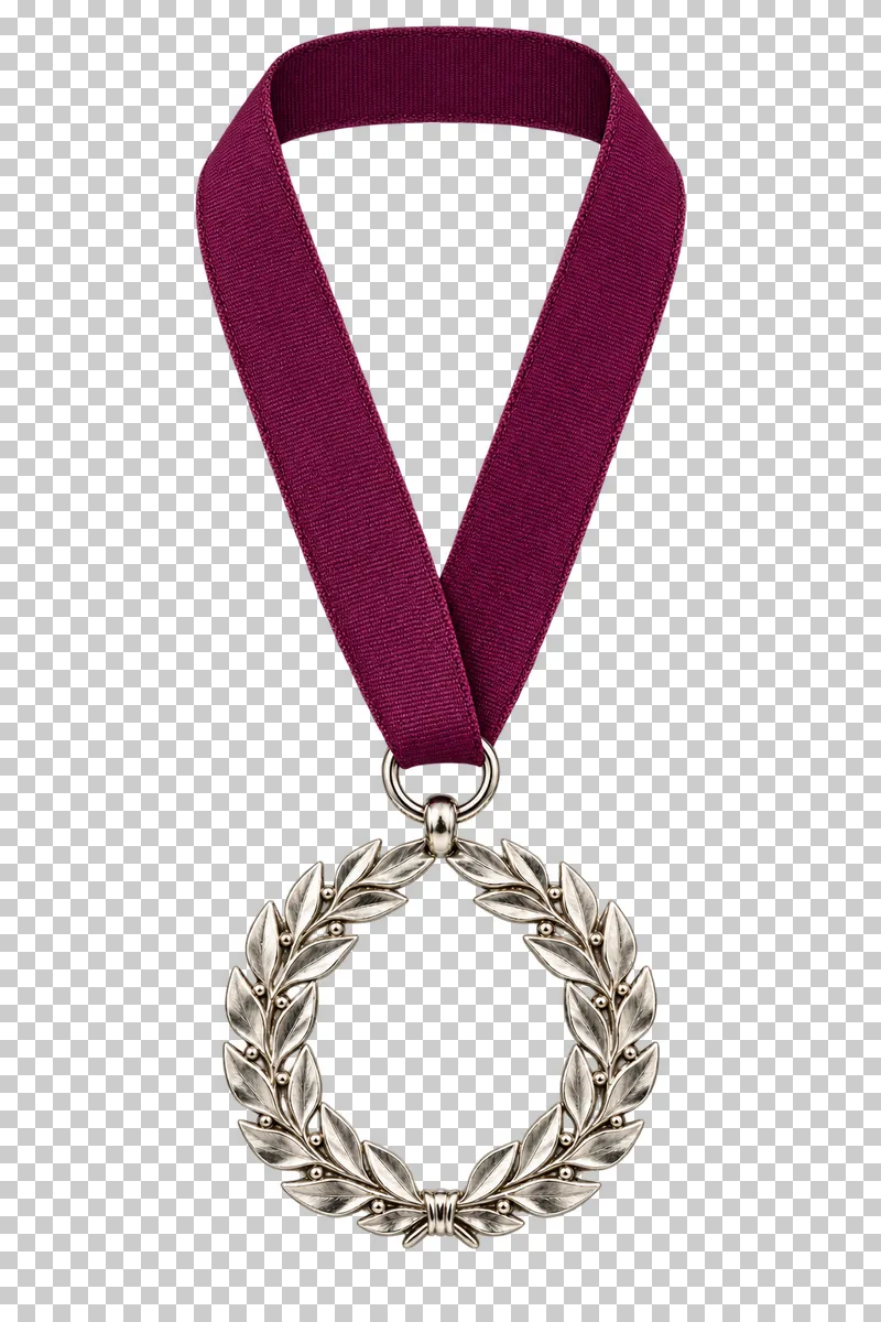 A silver-plated openwork laurel medal suspended from a complete plum woven ribbon.