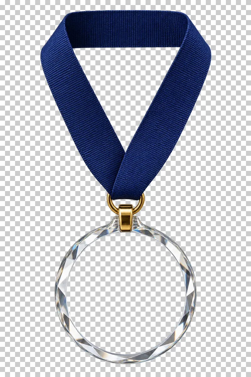 A clear beveled glass medal with a gold metal attachment and a complete navy woven ribbon.