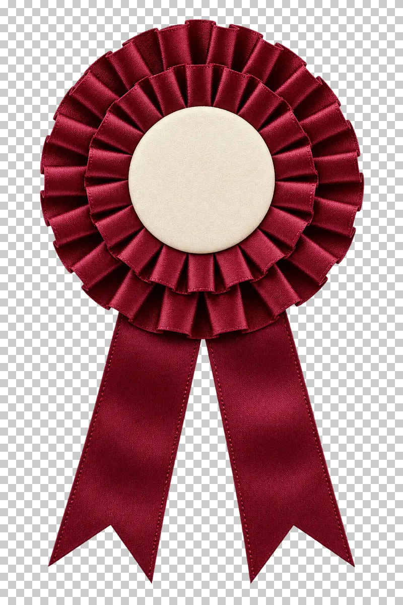 A burgundy fabric rosette with a blank cream center and two complete ribbon tails.