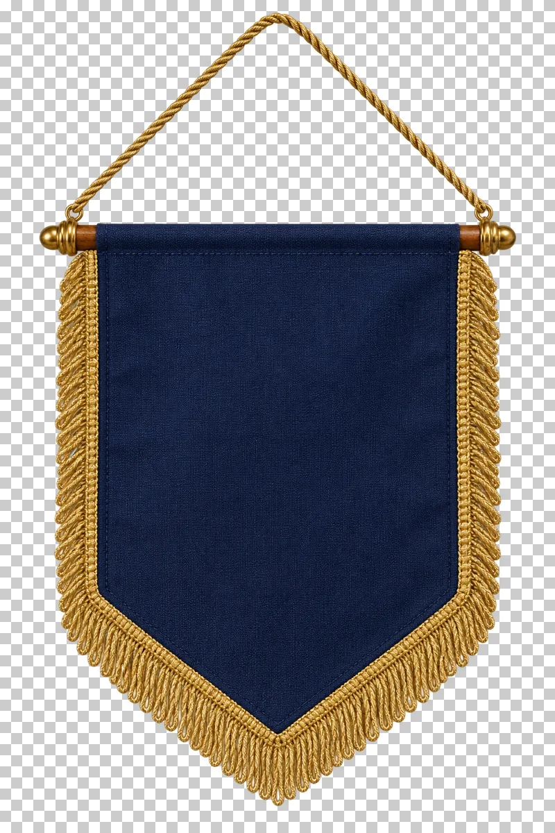 A plain navy fabric pennant with gold fringe, a braided hanging cord and a wooden crossbar.
