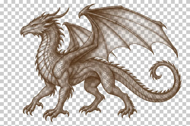 A dark-brown engraved dragon with four legs, two membranous wings and a curled tail.