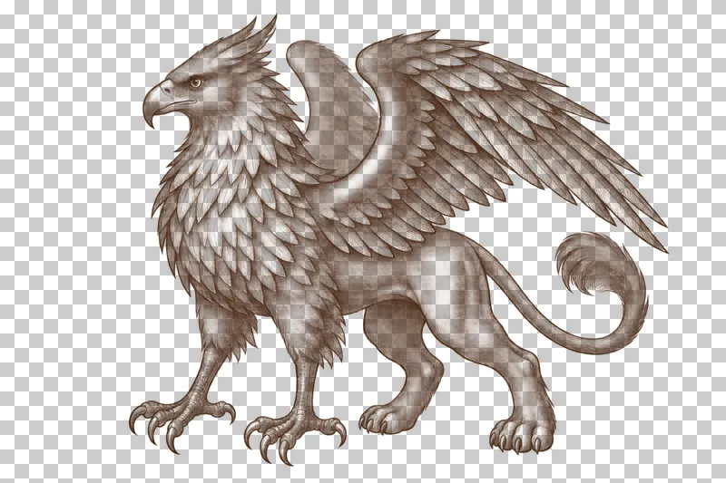 A dark-brown engraved griffin with an eagle head, two feathered wings, eagle forelegs and lion hindquarters.