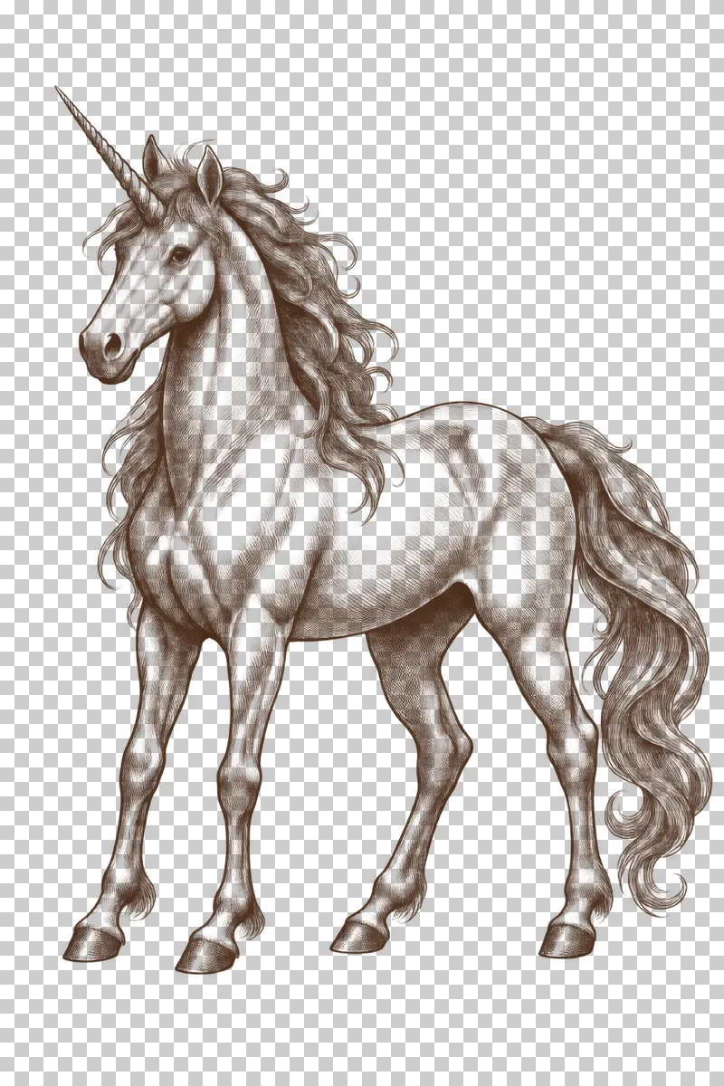 A dark-brown engraved unicorn standing with one spiral horn, four hooves and a flowing mane.