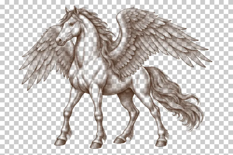 A dark-brown engraved Pegasus standing with four horse legs and two spread feathered wings.