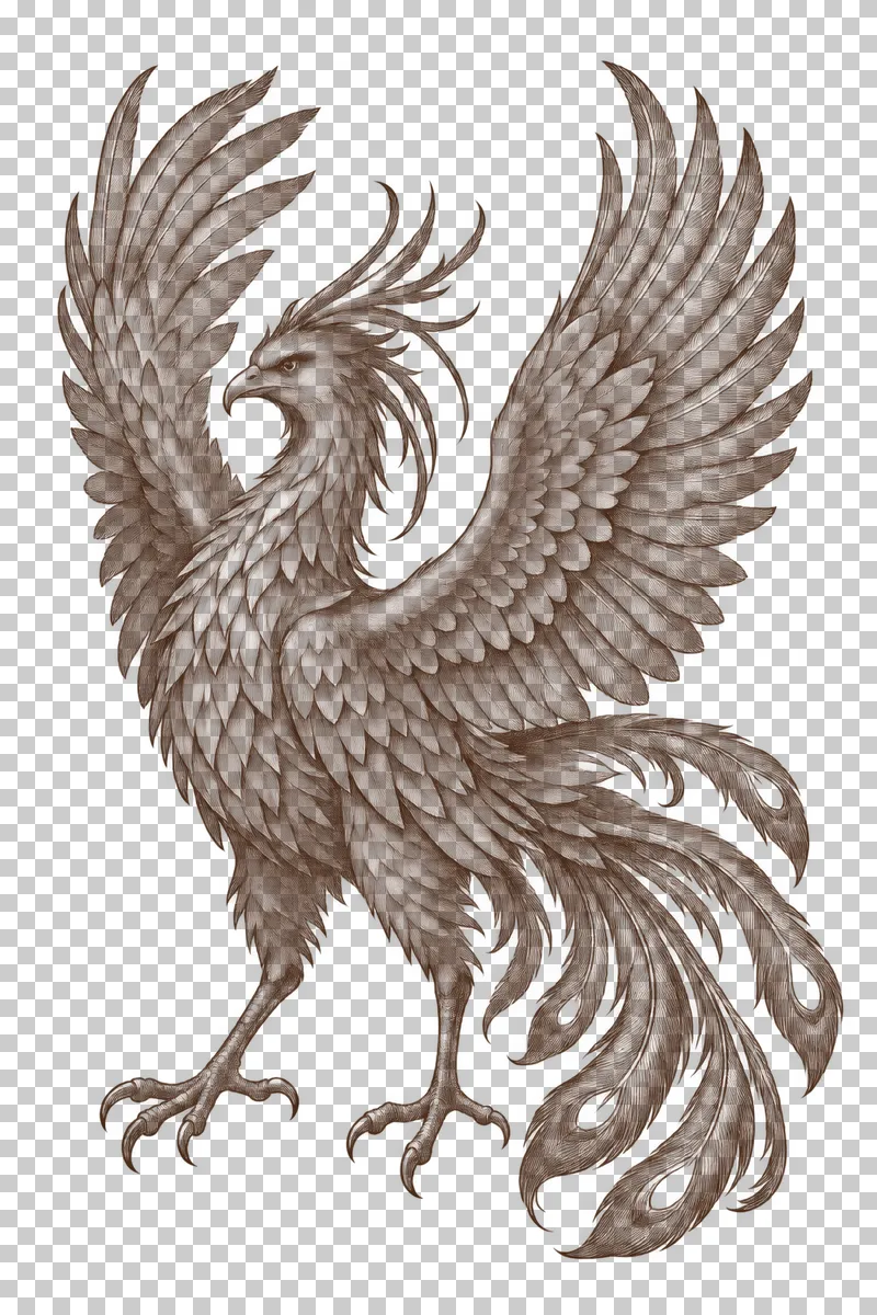 A dark-brown engraved phoenix with two raised wings, a feathered crest and a long ornamental tail.
